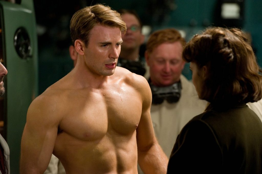 Steve Rogers (Chris Evans) transformed by the Super Soldier Serum in Captain America: The First Avenger