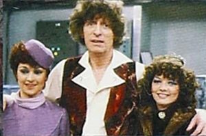 Janet Fielding, Tom Baker, and Sarah Sutton in the fourth Doctor's final appearance in Logopolis